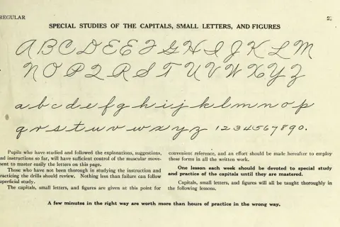 A page of cursive handwriting practice, showing the alphabet in uppercase and lowercase, and numbers. The text guides students on how in cursive to master these forms.