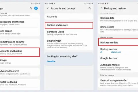 Ajustes de Android para recuperar archivos borrados. Muestra la ruta: Cuentas y respaldo > Respaldo y restauración > Respalda mis datos.