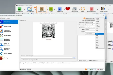 Fenêtre de conversion de livre dans Calibre. Le format de sortie PDF est sélectionné pour "Alice au pays des merveilles", un drm livre.