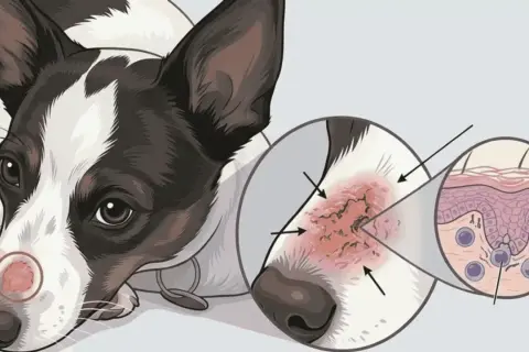 Illustration shows what ringworm looks like on a dog: a red, scaly patch with broken hairs on the nose, magnified to show skin layers.