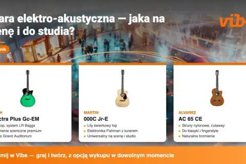 Trzy gitary: zielona elektro-akustyczna Furch, jasna Martin i brązowa Alvarez. Idealne na scenę i do studia.