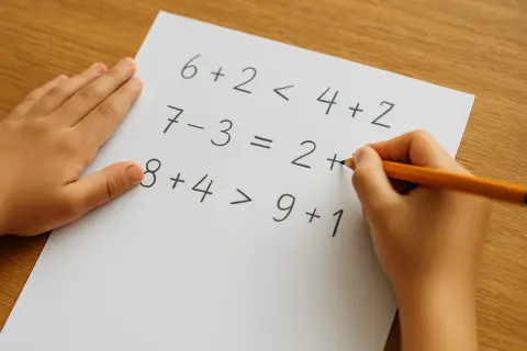 Dziecko pisze ołówkiem zadania matematyczne na kartce papieru.