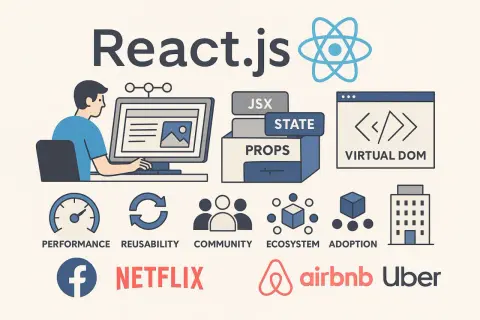 Développeur travaillant sur un projet React web, illustrant les concepts clés comme JSX, State, Props, Virtual DOM, performance, réutilisabilité, communauté, écosystème et adoption.