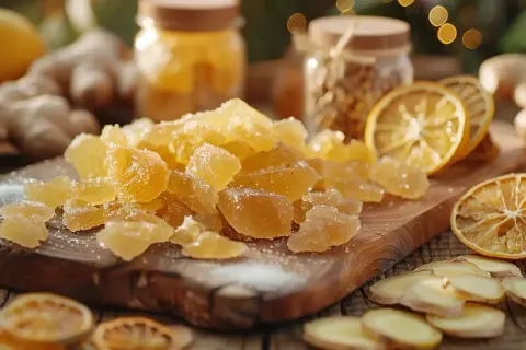 Gingembre confit scintillant sur une planche en bois, entouré de citrons séchés et de racines de gingembre frais.