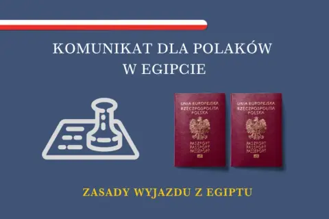 Komunikat dla Polaków w Egipcie: czy do Egiptu potrzebny jest paszport? Dwa polskie paszporty i symbol pieczęci.