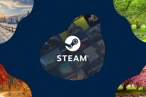 Logo Steam na tle kolaży okładek gier i zdjęć przyrody.
