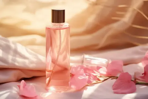 Elegancka butelka perfum z różowym płynem, otoczona płatkami kwiatów. Ten afrodyzjak zapach kusi i uwodzi.