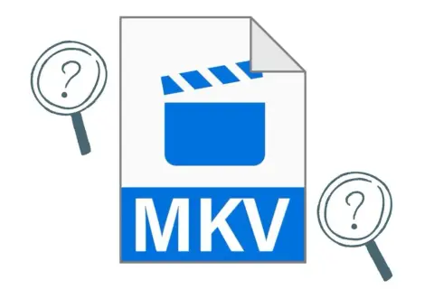 Magnifying glasses with question marks surround a document icon labeled "MKV," suggesting a search for information about the mkv filetype.