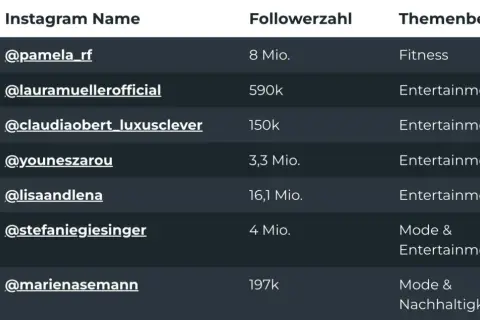 Liste mit der Anzahl Influencer Deutschland: Pamela Reif (8 Mio. Follower, Fitness), Laura Müller (590k, Entertainment) und weitere.