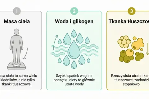 Trzy etapy utraty wagi: masa ciała, woda i glikogen, tkanka tłuszczowa. Deficyt kaloryczny prowadzi do stopniowej utraty tkanki tłuszczowej.