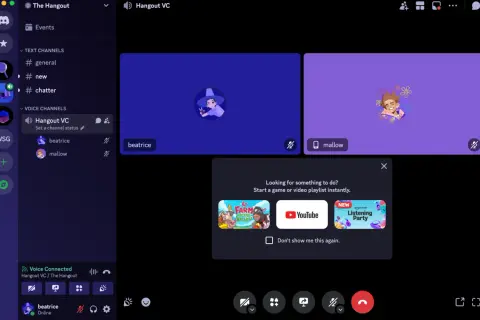 Discord w przeglądarce: beatrice i mallow rozmawiają na kanale głosowym "Hangout VC".