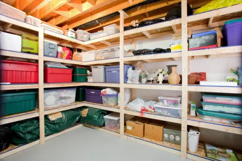 Shelving unit filled with various storage bins, boxes, and bags, showcasing practical basement storage ideas for organizing household items.