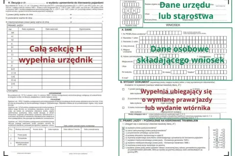 Wniosek o wymianę prawa jazdy po ślubie. Sekcja H wypełnia urzędnik, a dane osobowe składającego wniosek wypełnia się samodzielnie.