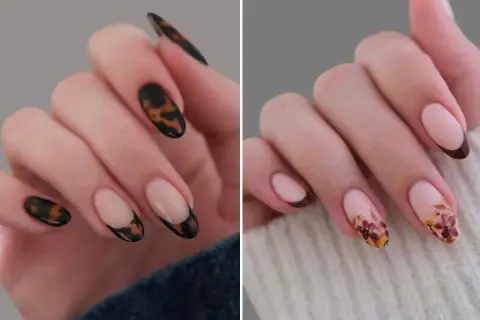 Dwa rodzaje manicure: jeden z wzorem imitującym żółwie, drugi z kwiatami. Oba w stylu brazowy french.