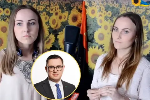 Dwie kobiety na tle słoneczników, w tle wizerunek mężczyzny w garniturze, być może miłosz motyka żona.
