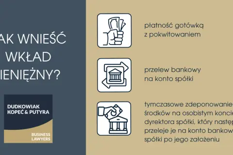 Jak wnieść wkład pieniężny? Metody: gotówka z pokwitowaniem, przelew na konto spółki, tymczasowe zdeponowanie środków na koncie dyrektora.