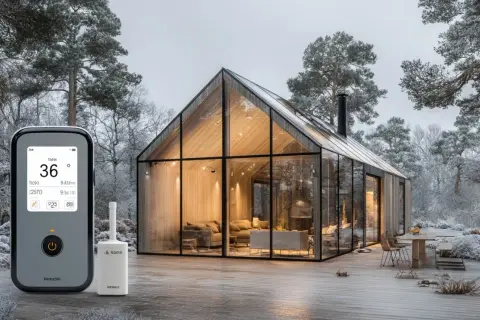 Modern glashus i skogen med enheter för att montera ventilation.