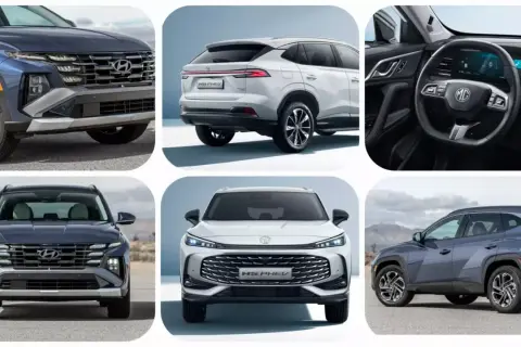 Szczegóły przodu i boku hyundai tucson hybrid. Widok z tyłu białego SUV-a i wnętrza z kierownicą MG.