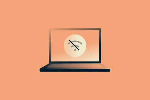 Laptop z ikoną braku połączenia Wi-Fi. Problem z automatyczną konfiguracją internetu Orange?