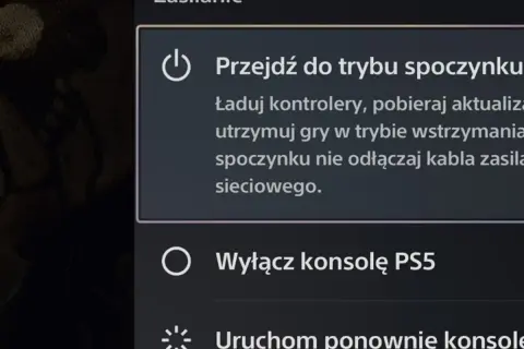Menu zasilania konsoli PS5 z opcjami trybu spoczynku i wyłączenia.