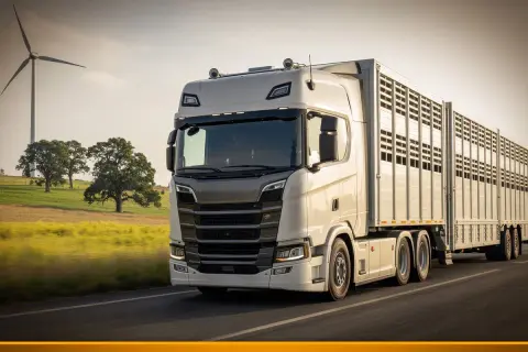 Weißer LKW mit Viehanhänger fährt auf der Straße, vorbei an Windrädern und Bäumen. Ein LKW-Fahrverbot am Wochenende ist hier wohl kein Thema.