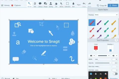 Chcesz wiedzieć, jak nagrać ekran? Na zrzucie ekranu widać edytor Snagit z narzędziami do edycji i opcjami stylu.