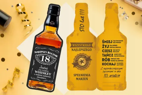 Kartka na 18 urodziny w stylu butelki whiskey i piwa. "Sto lat!" i życzenia "Śmiej, żyj, ciesz, tańcz, rób, kochaj" dla wyjątkowego jubilata.