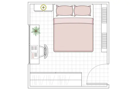 Plano de habitación de 6 metros cuadrados con cama, escritorio, armario y planta.