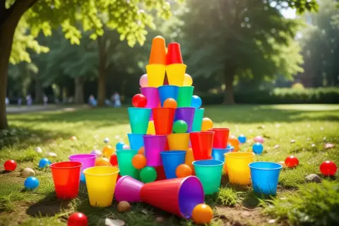Färgglad stapel av plastmuggar och bollar i en park, redo för en 5 kamp hemma.