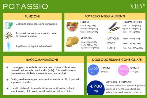Potassio: controllo pressione, nervi, liquidi. Alimenti ricchi di potassio: frutta, verdura, legumi, pesce. Dosi consigliate per uomini e donne.