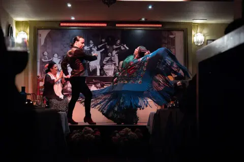 Una cantaora flamenca, con un mantón azul vibrante, baila con pasión. A su lado, un hombre la acompaña en el escenario.
