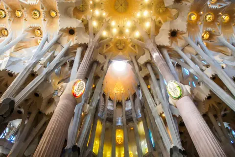 Wnętrze Sagrada Familia zachwyca drzewiastymi kolumnami i witrażami.