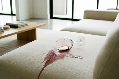 Ein umgekipptes Weinglas hinterlässt einen roten Fleck auf dem hellen Sofa. Ein kleiner Kaffeefleck ist auch auf dem Tisch zu sehen.