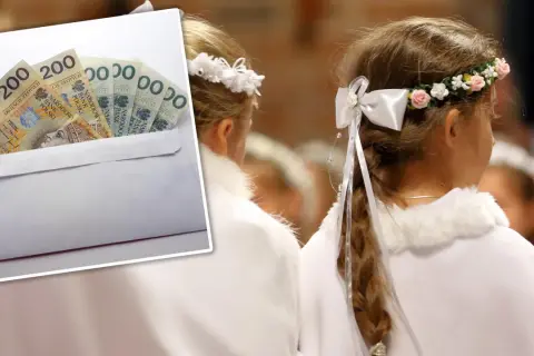 Koperta z banknotami 200 zł i dziewczynki w białych strojach komunijnych.