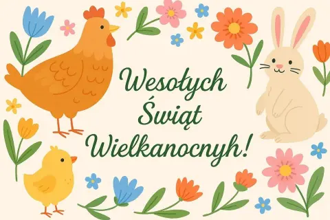 Wesołych Świąt Wielkanocnych! Urocza kurka, pisklę i zajączek wśród kolorowych kwiatów składają życzenia wielkanocne dla dzieci.