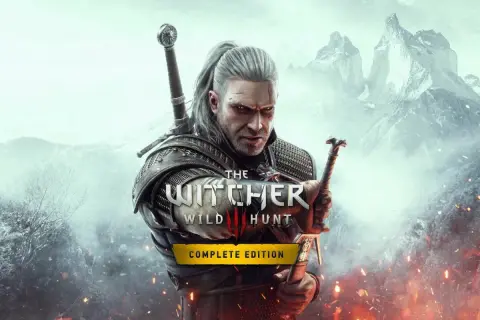 Geralt z Rivii, wiedźmin, trzymający miecz, na tle gór i płomieni. Okładka gry "Wiedźmin 3: Dziki Gon Complete Edition", sugerująca różne zakończenia.