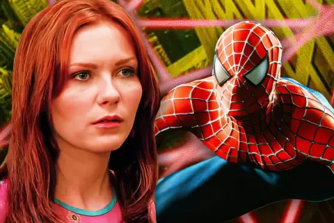Mary Jane Watson und Spider-Man im Film. Die Besetzung von Spider-Man (Film) zeigt sie im Kampf gegen das Böse.