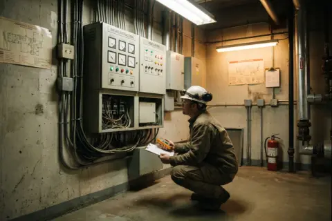 Pracownik w kasku sprawdza instalację wentylacyjną i system oddymiania. Dba o ochronę przeciwpożarową i BHP.