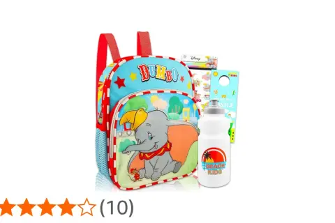 Mochila azul de Dumbo con botella de agua blanca y pegatinas.