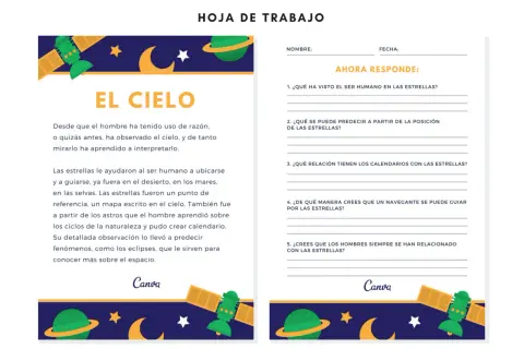 Hoja de trabajo para lectura comprensiva 3 primaria sobre el cielo y las estrellas. Incluye preguntas para reflexionar.