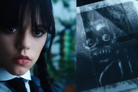 Wednesday Addams patrzy na rysunek przerażającego potwora z ostrymi zębami i pazurami.