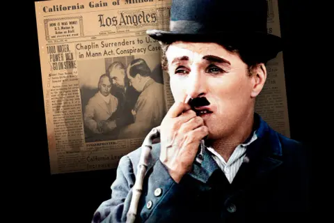 Charlie Chaplin, en ikon från chaplin film klassiker, syns bredvid en tidningsrubrik om hans överlämnande i en rättssak.