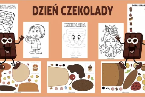 Zabawy plastyczne na dzień czekolady w przedszkolu: kolorowanki, wycinanki i dopasowywanie par słodkości.