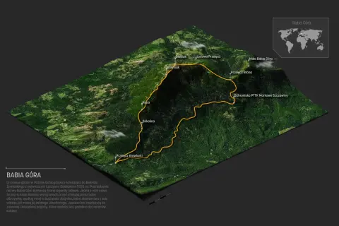 Trójwymiarowa mapa Babiej Góry z zaznaczonymi szlakami i nazwami szczytów.
