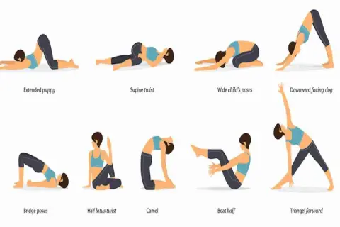 Illustrations de yoga montrant des postures pour soulager la sciatique, comme le chien tête en bas et la torsion supine.