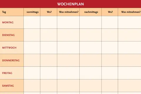 Vorlage Wochenplan Demenz: Tabelle für Tagesstruktur mit Spalten für Vormittag, Nachmittag, Ort und "Was mitnehmen?". Hilft bei der Organisation von Aktivitäten.