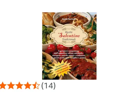 Copertina libro "Ricette Salentine Tradizionali" con immagini di piatti tipici, tra cui pasta e sugo, verdure e pane. Un invito a scoprire i sapori autentici dei maritati alla salentina.