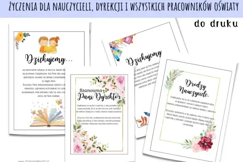 Tekst podziękowania za prezent dla nauczycieli i dyrekcji. Kartki z życzeniami i kwiatowymi zdobieniami.