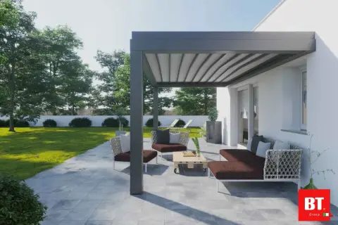 Moderna pergola bioclimatica con arredi da esterno, ideale per creare uno spazio relax. Informati sui permessi necessari per la sua installazione.