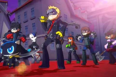 Postacie z Persona 6 w kreskówkowym stylu, gotowe do akcji na czerwonym dywanie.
